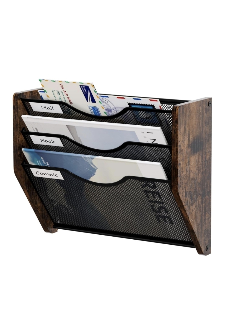 3-Tier Mail & Magazine Organizer - Black Mesh with Rustic Wood Sides